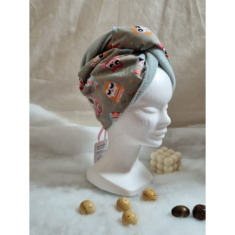 Serviette turban cheveux gris taupe hibou Confection artisanale