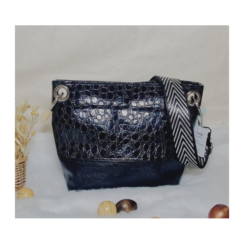 Sac bandoulière PAULINE simili cuir total look noir croco Création artisanale