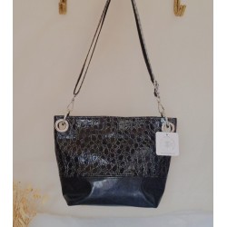 Sac bandoulière PAULINE simili cuir total look noir croco Création artisanale