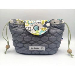 Bourse trousse maquillage matelassée grise et coton fleuri Création artisanale