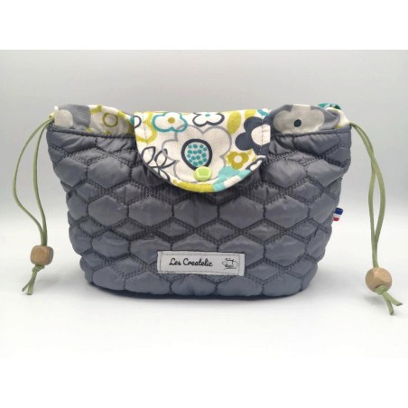 Bourse trousse maquillage matelassée grise et coton fleuri Création artisanale