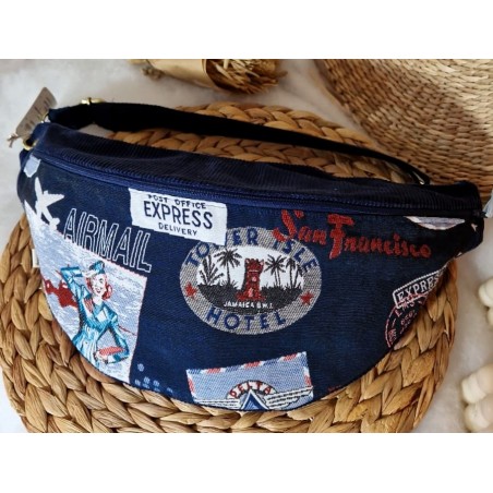 Sac banane MAIA XL velours et coton bleu marine et tendance Création artisanale