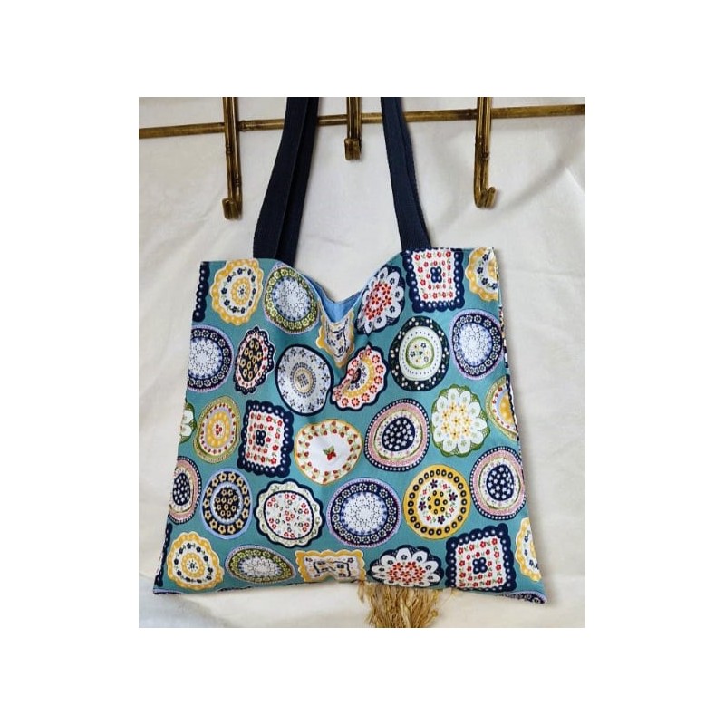 Totebag Sac fourre-tout bleu vintage Création artisanale