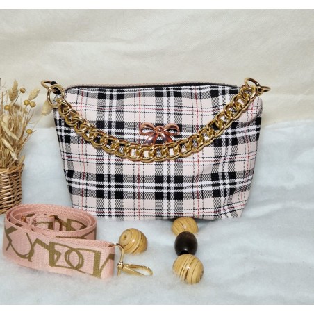 Sac bandoulière EMMA simili cuir tartan rose noir Création artisanale fantaisie