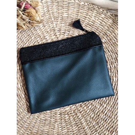 Trousse Pochette M simili cuir vert sapin et noir Création artisanale