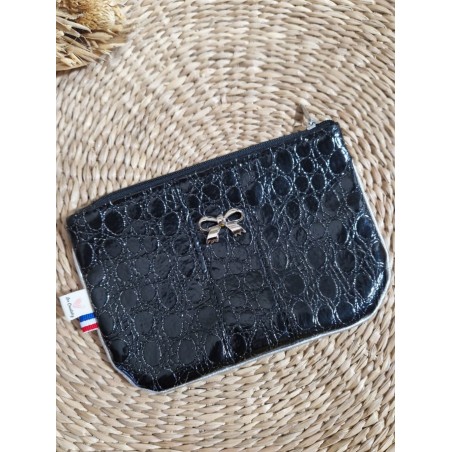 Trousse Pochette M simili cuir noir argenté Création artisanale