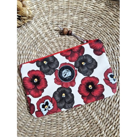 Trousse Pochette M simili cuir fleurs rouge marron Création artisanale