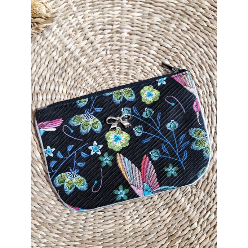 Trousse Pochette M simili cuir noir fleur et oiseau Création artisanale