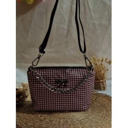 Sac bandoulière EMMA simili cuir pied de poule noir & rose Création artisanale fantaisie