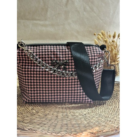 Sac bandoulière EMMA simili cuir pied de poule noir & rose Création artisanale fantaisie