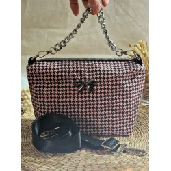 Sac bandoulière EMMA simili cuir pied de poule noir & rose Création artisanale fantaisie