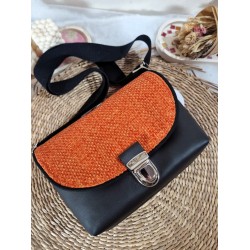 Sac bandoulière LOUISE simili cuir et toile tissée orange Création artisanale