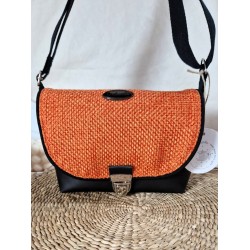 Sac bandoulière LOUISE simili cuir et toile tissée orange Création artisanale