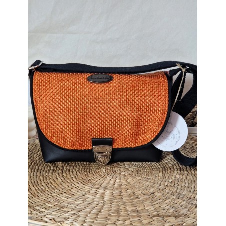 Sac bandoulière LOUISE simili cuir et toile tissée orange Création artisanale
