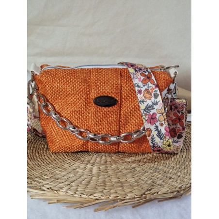 Sac bandoulière EMMA toile tissée orange sisal Création artisanale fantaisie