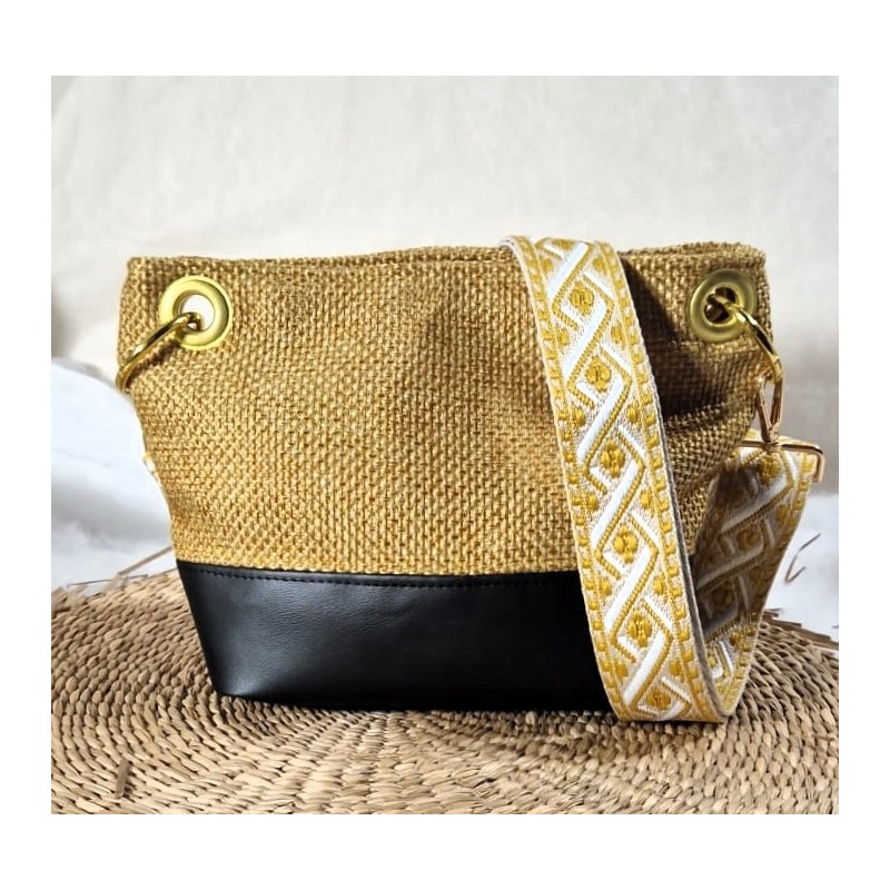 Sac bandoulière PAULINE zippé simili cuir et toile jaune paille Création artisanale