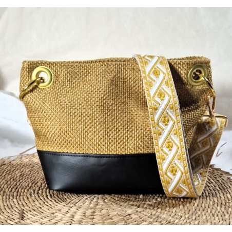 Sac bandoulière PAULINE zippé simili cuir et toile jaune paille Création artisanale