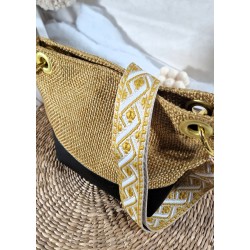 Sac bandoulière PAULINE zippé simili cuir et toile jaune paille Création artisanale