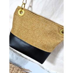 Sac bandoulière PAULINE zippé simili cuir et toile jaune paille Création artisanale