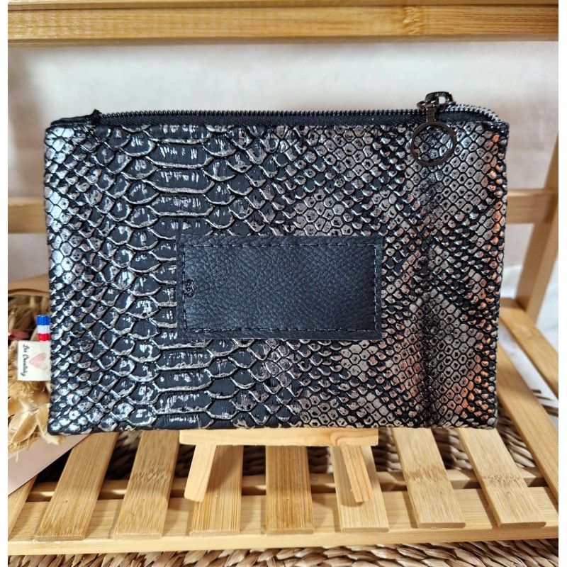Trousse Pochette S simili cuir noir argenté Création artisanale