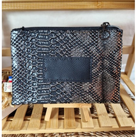 Trousse Pochette S simili cuir noir argenté Création artisanale
