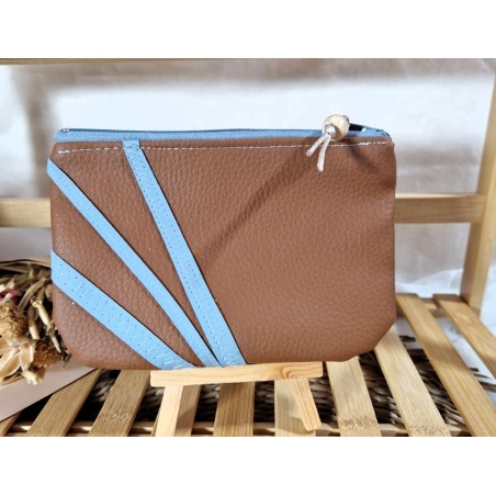 Trousse Pochette S simili cuir camel bleu Création artisanale
