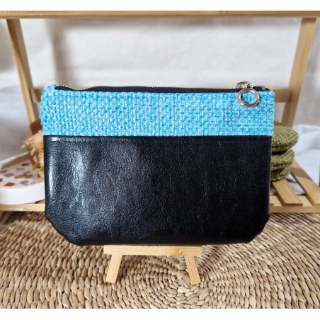Trousse Pochette M simili cuir noir turquoise Création artisanale