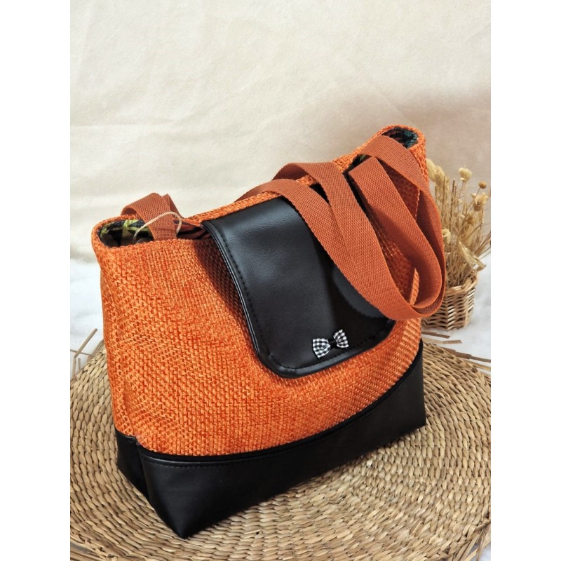 Sac BOISSY similicuir noir toile orange Création artisanale