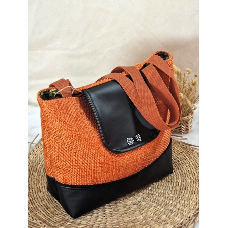 Sac BOISSY similicuir noir toile orange Création artisanale