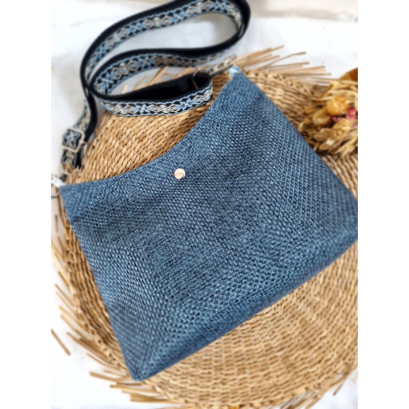 Sac bandoulière DAISY toile tissée bleu jean Création artisanale