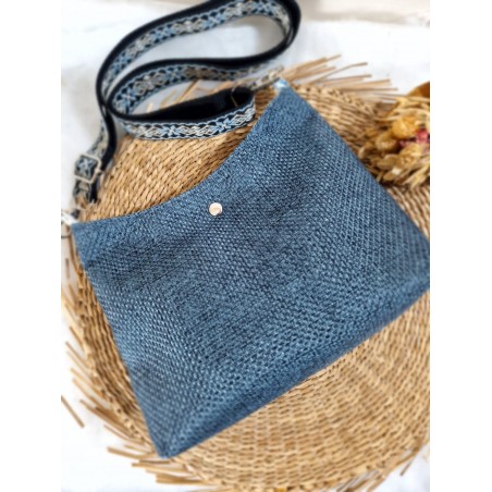 Sac bandoulière DAISY toile tissée bleu jean Création artisanale